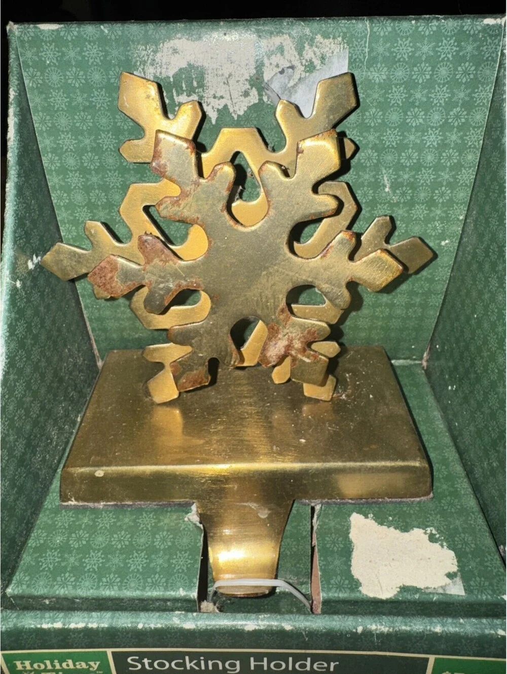 Vintage Snowflake Christmas Stocking Hanger Very Heavy, Brass Look. New in box